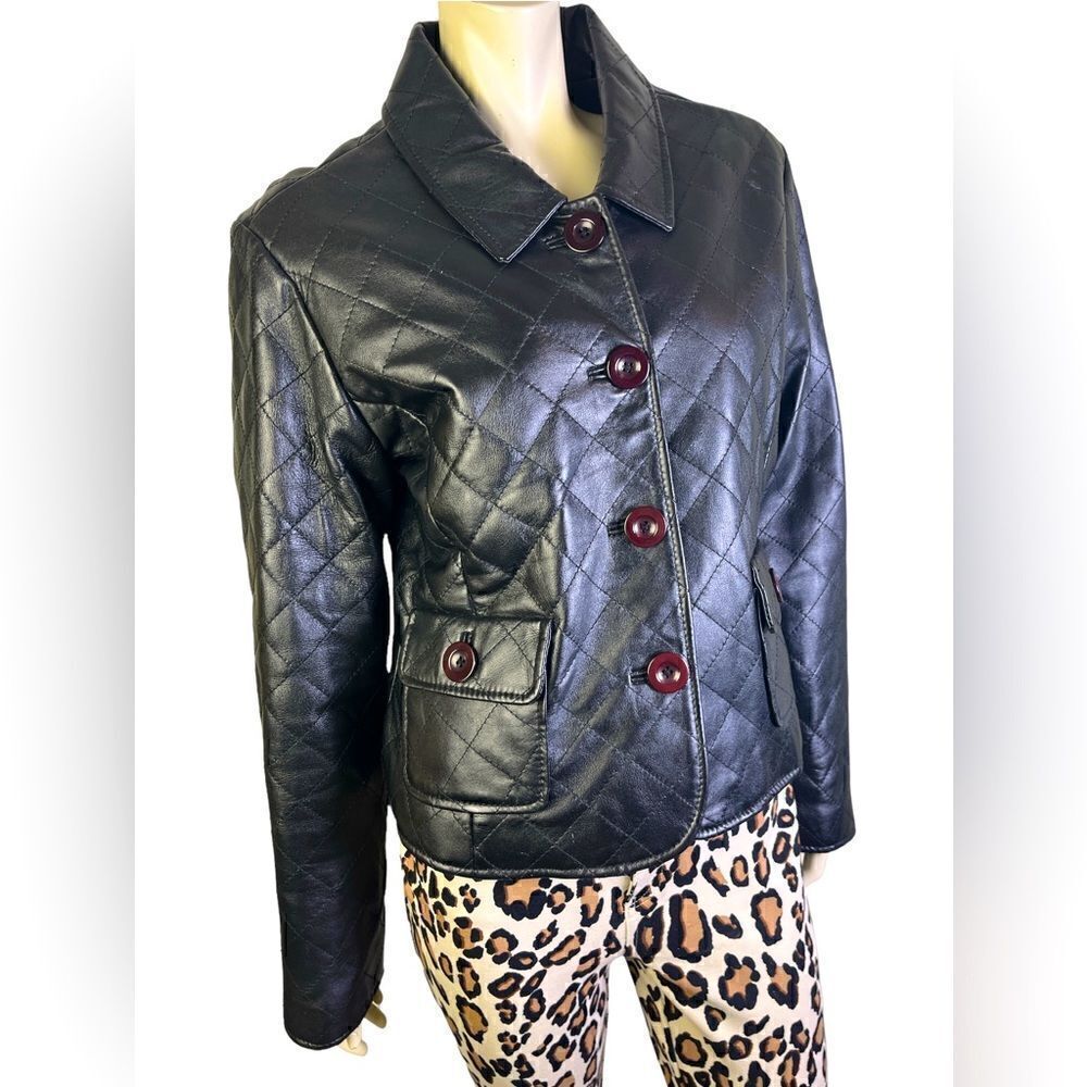 Margaret Godfrey Black Leather Jacket w/4 Button Closure Excellent Condition SzM